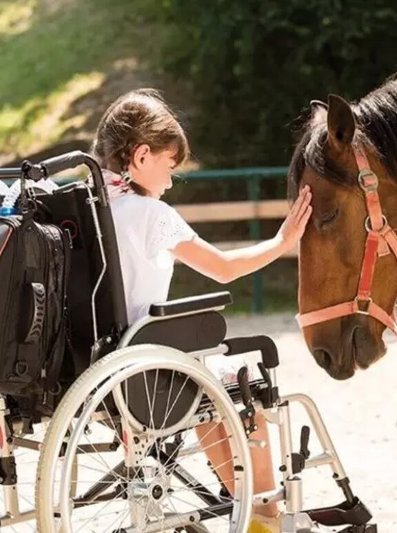 Dziewczyna na wózku inwalidzkim głasze konia po grzywie.